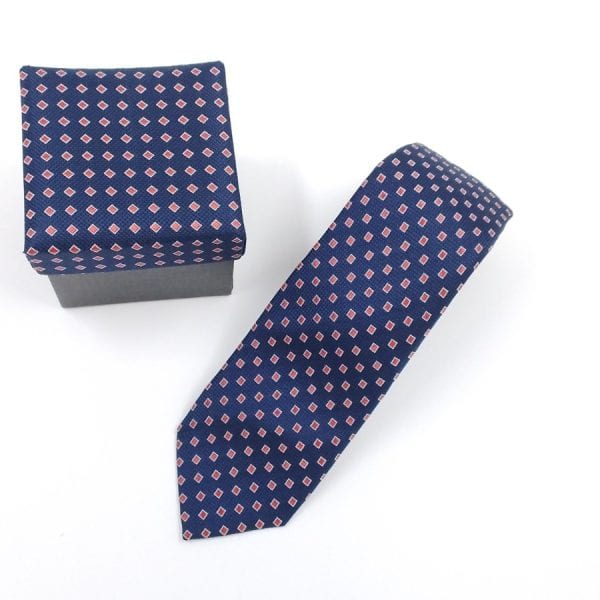 Ολομέταξη γραβάτα μπλε σκούρο με κόκκινα ρομβάκια