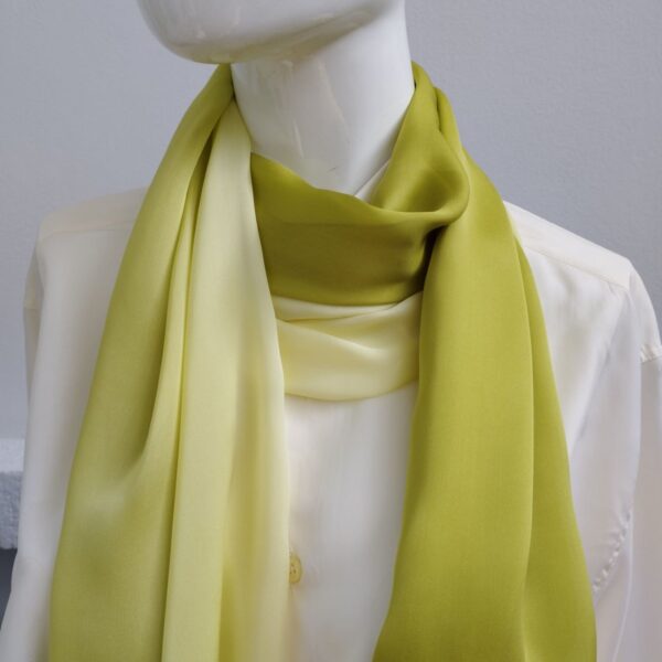 Silk degrade multicolored thin scarf Composition: Silk 100% Colour: Yellow-Chaki-Beige Dimensions: 0,70* 2,00 Care: Dry Clean