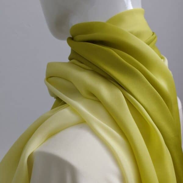 Silk degrade multicolored thin scarf Composition: Silk 100% Colour: Yellow-Chaki-Beige Dimensions: 0,70* 2,00 Care: Dry Clean
