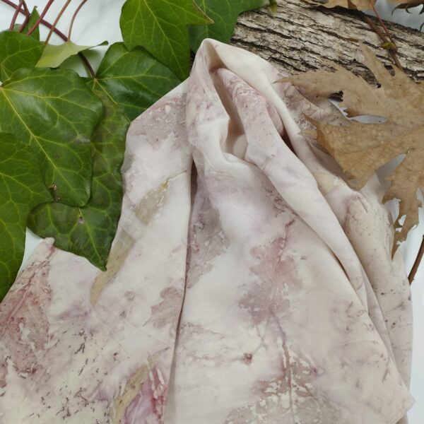 SILK SQUARE SCARF ECOPRINTED IN GREY AND PURPLE COLOURS